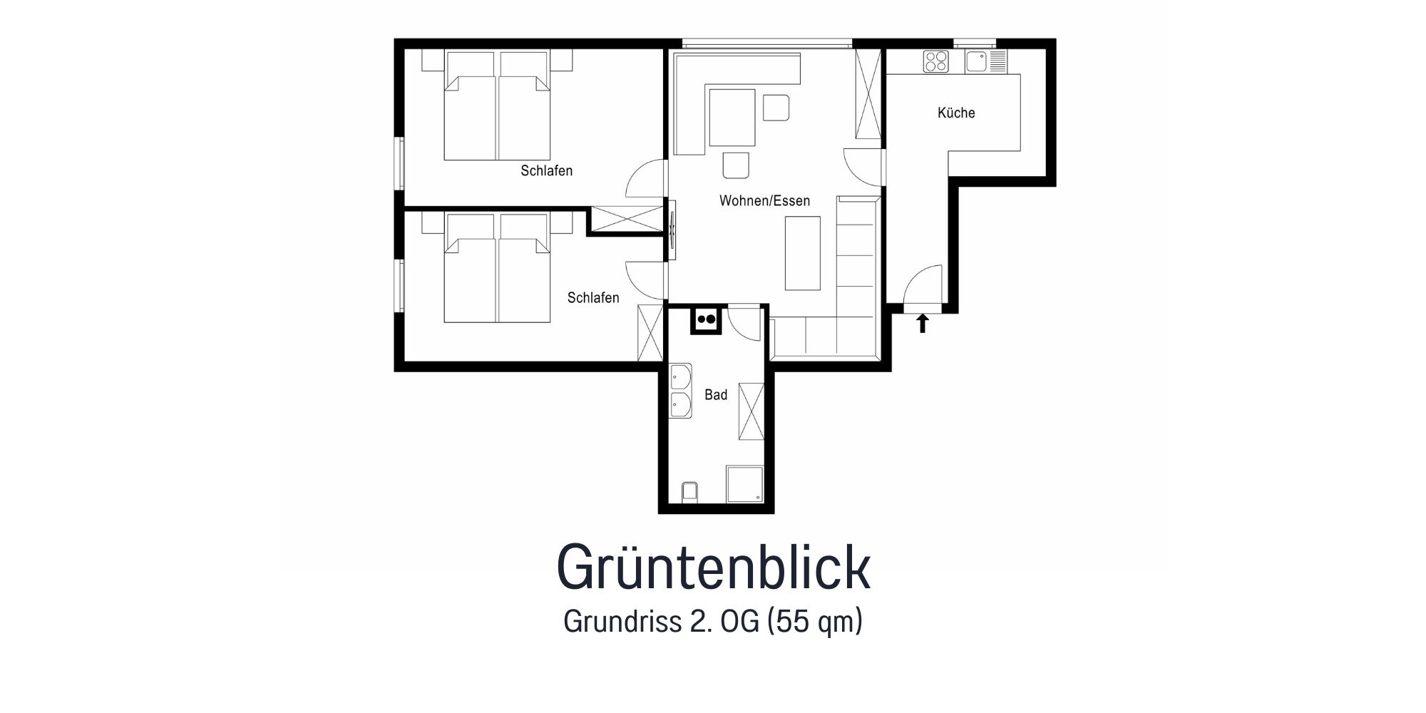 Grundriss der Ferienwohnung Grüntenblick mit 55 m² – zwei Schlafzimmer, Wohnbereich, Essküche, Badezimmer & Flur im Überblick