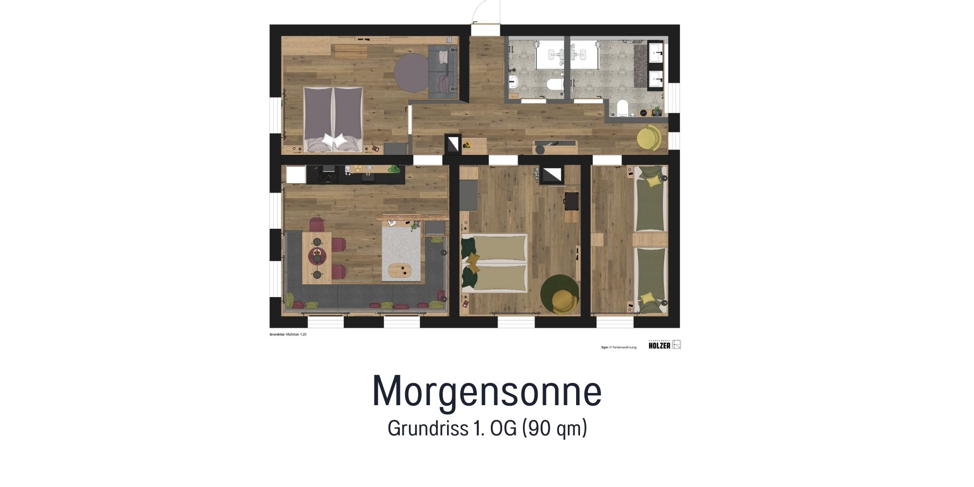 Grundriss der Ferienwohnung Morgensonne mit 90 m² – drei Schlafzimmer, Wohnbereich, Essküche, 2 Badezimmer & Flur im Überblick