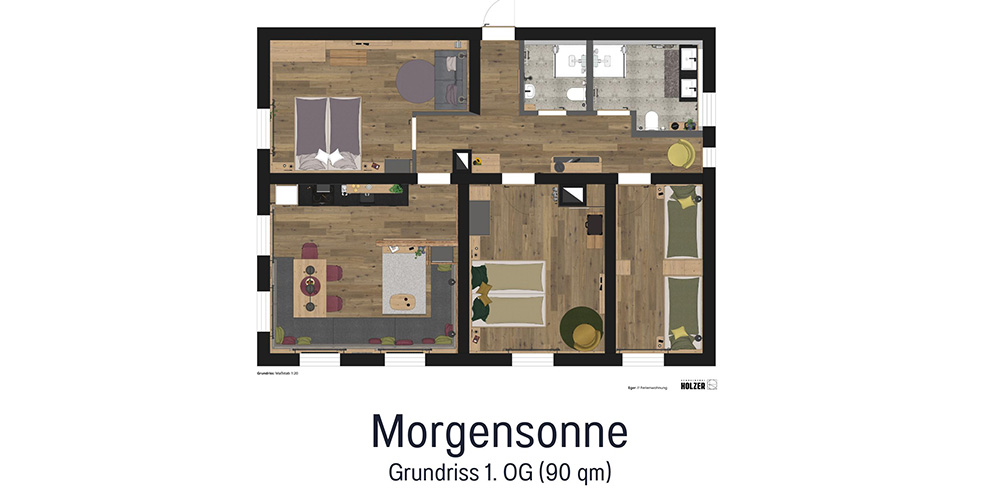 Grundriss der Ferienwohnung Morgensonne mit 90 m² – drei Schlafzimmer, Wohnbereich, Essküche, 2 Badezimmer & Flur im Überblick