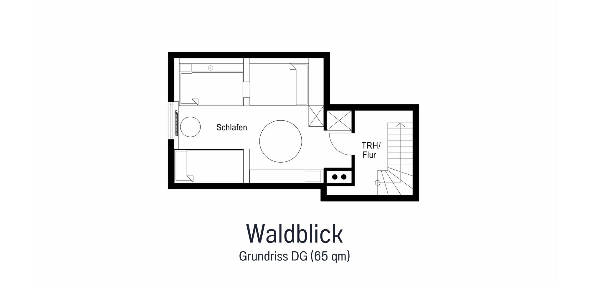 Grundriss der Ferienwohnung Waldblick mit 65 m² – zwei Schlafzimmer, Wohnküche, Wohnzimmer, Badezimmer & Balkon im Überblick