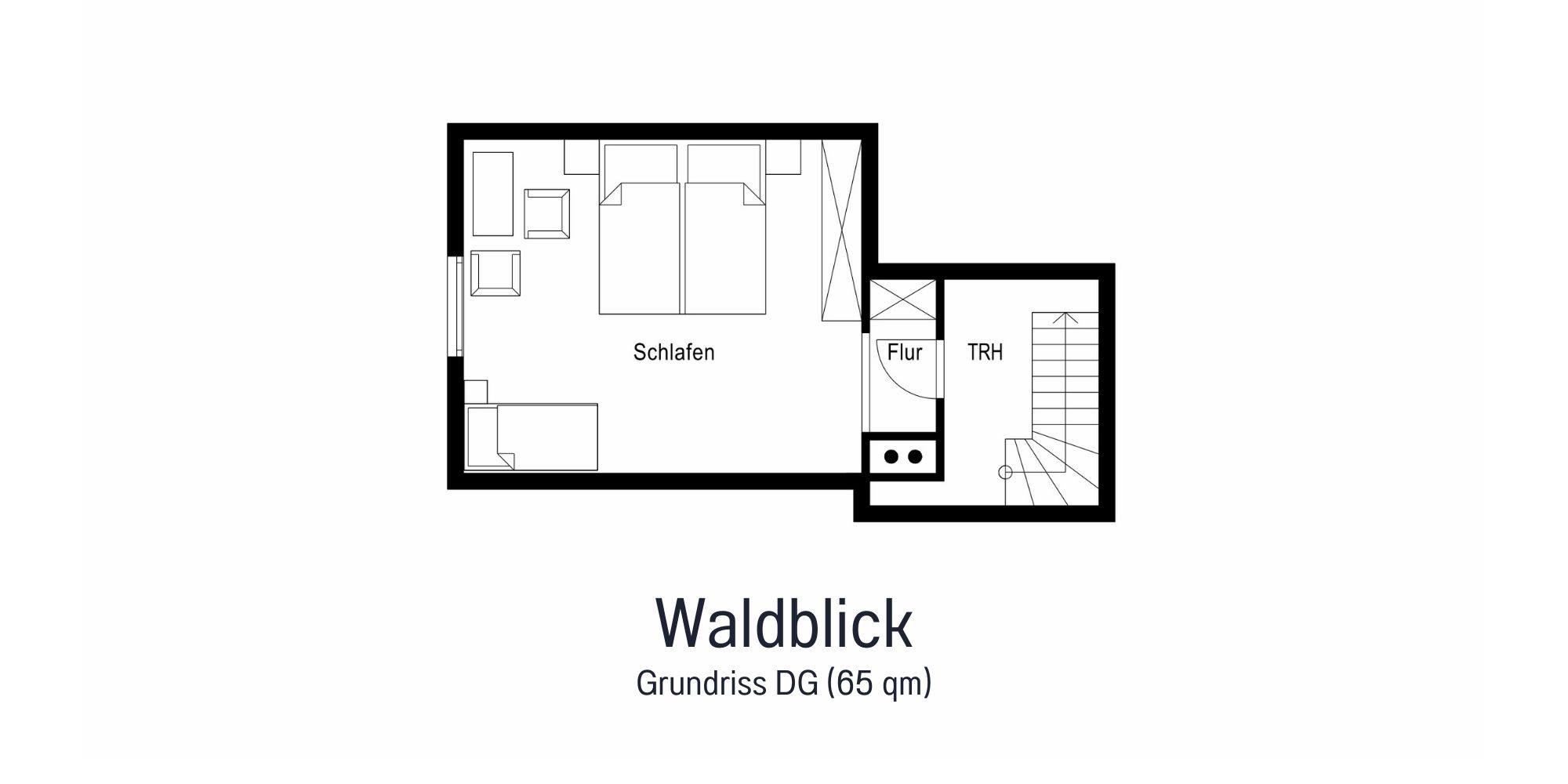 Grundriss der Ferienwohnung Waldblick mit 65 m² – zwei Schlafzimmer, Wohnküche, Wohnzimmer, Badezimmer & Balkon im Überblick