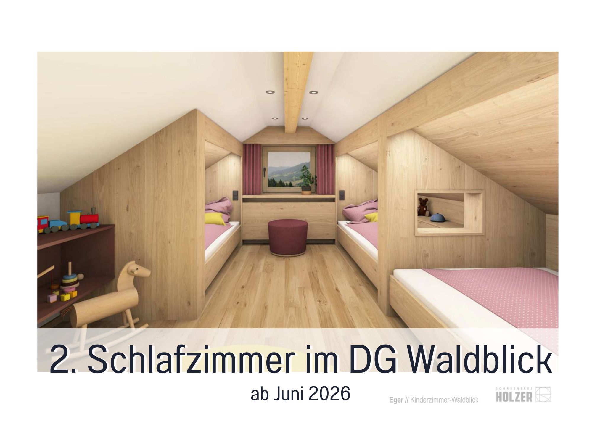 Zweites Schlafzimmer im Dachgeschoss der Ferienwohnung Waldblick – über Treppe erreichbar, ideal für Kinder oder Freunde, mit 3 Einzelbetten; 1 Bett Übergröße mit Breite 1,20m